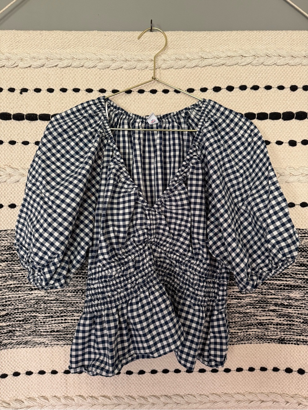 Old Navy Navy Gingham Puff-Sleeve Peplum Top